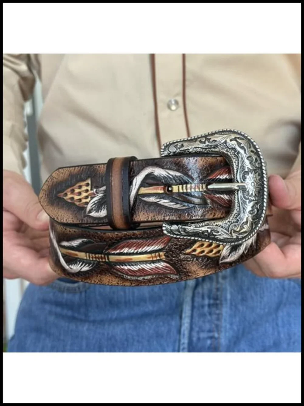 Men's Full Grain Leather Western Belt Floral Hand Tooled 1.5